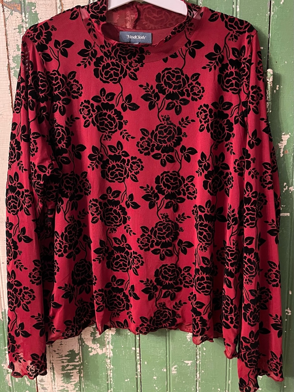 Modcloth Red Top with Black Floral Burnout